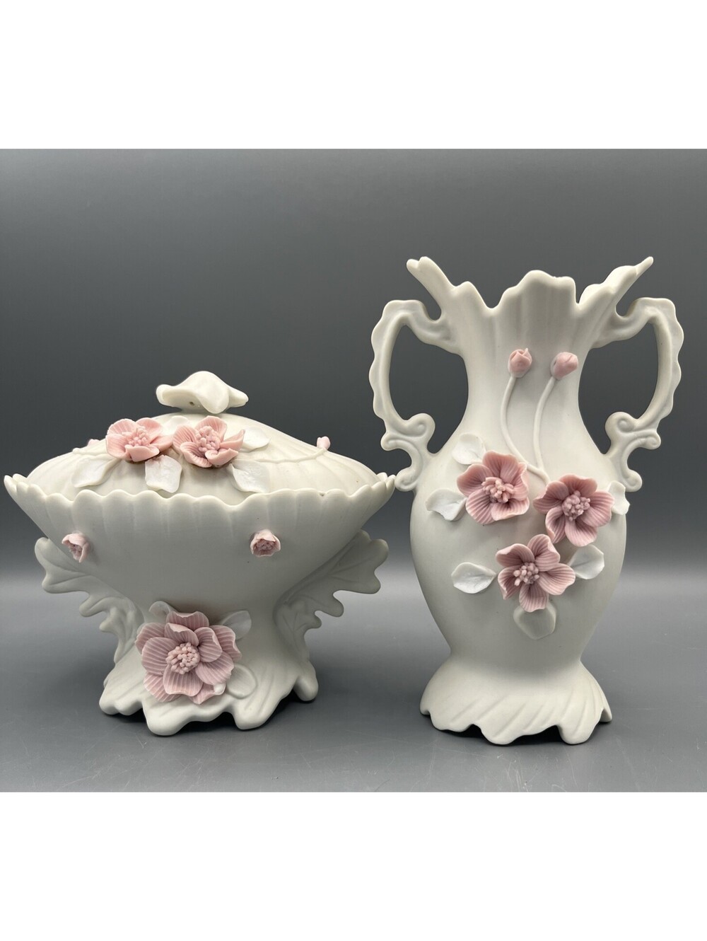 Vintage Arnart Japan Bisque Porcelain 2-Pc Vanity Set Pink Raise Applied Flowers